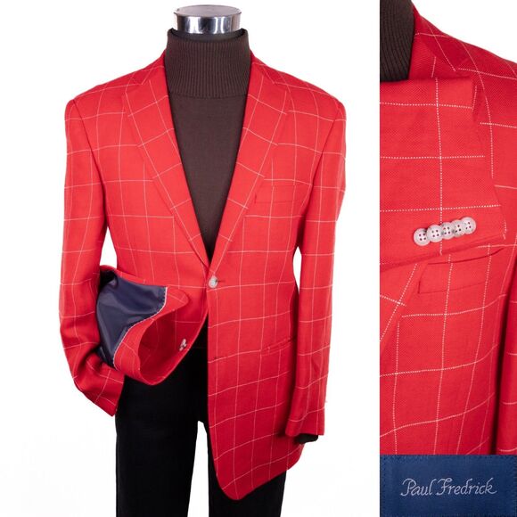Paul Fredrick Men's 42S Sport Coat Blazer Red Check LINEN 2-Button Casual SLIM - Picture 1 of 13